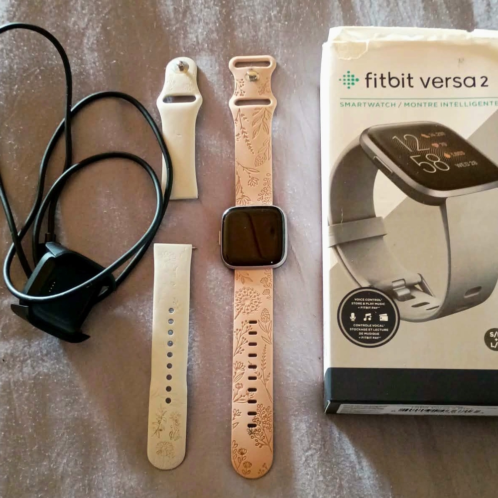Fitbit Versa 2 Smartwatch - Floral Pink and White
